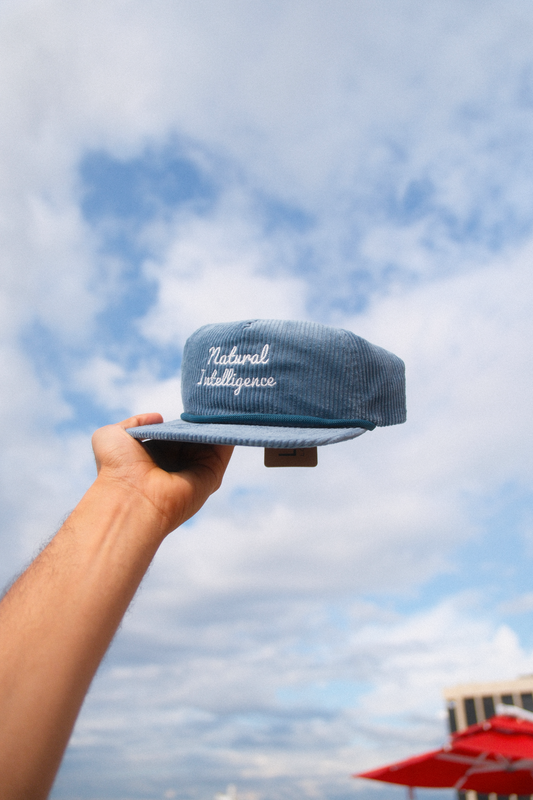 A light blue corduroy flat-brim cap with 'Natural Intelligence' embroidered in white script on the front, held up by a person's hand against a cloudy blue sky.