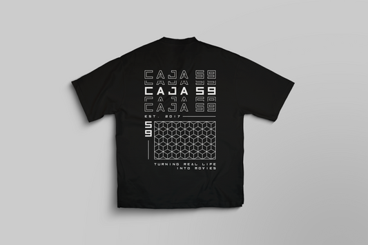 Black t-shirt with white geometric design and text on a gray background